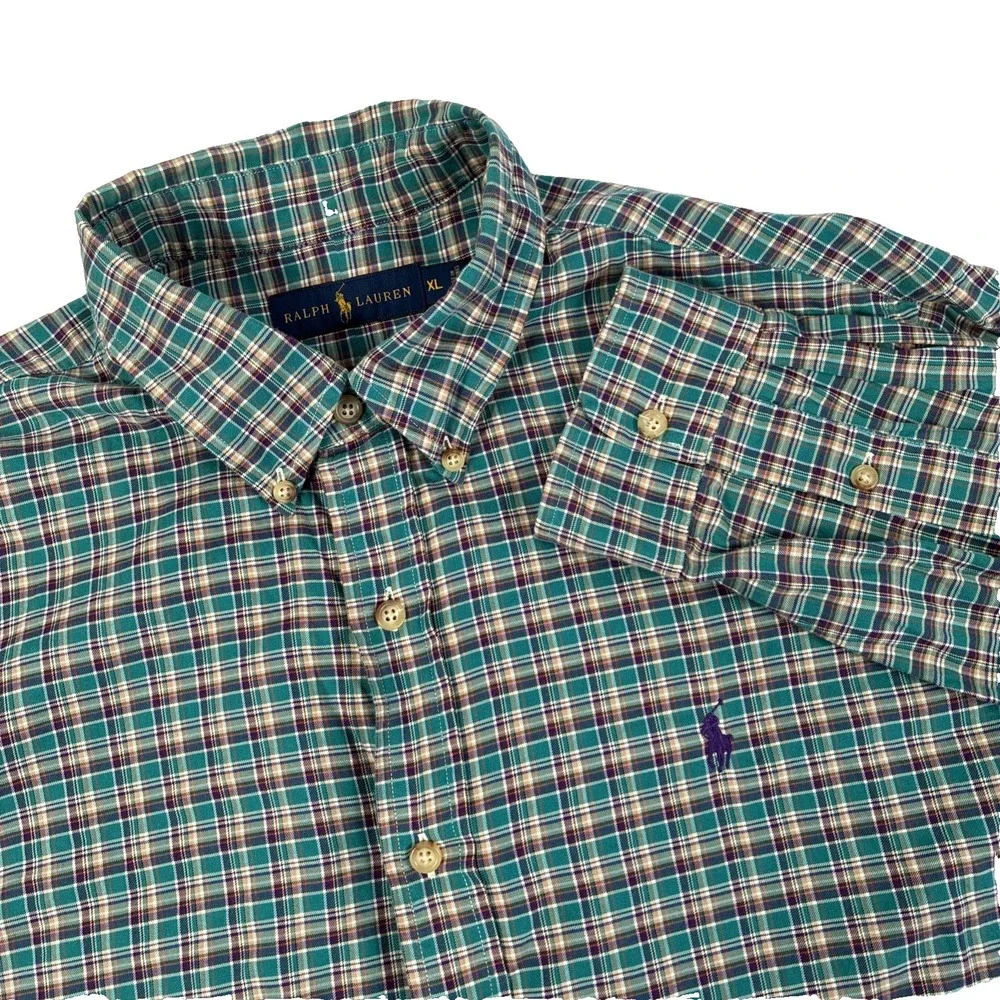 Mens Ralph Lauren Long Sleeve Button Down Teal Plaid Shirt Size XL Cotton